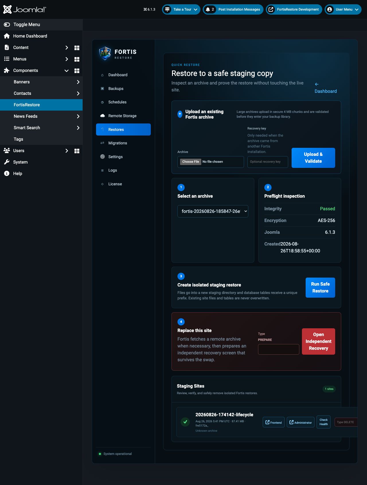 Full FortisRestore Joomla restore and staging screen