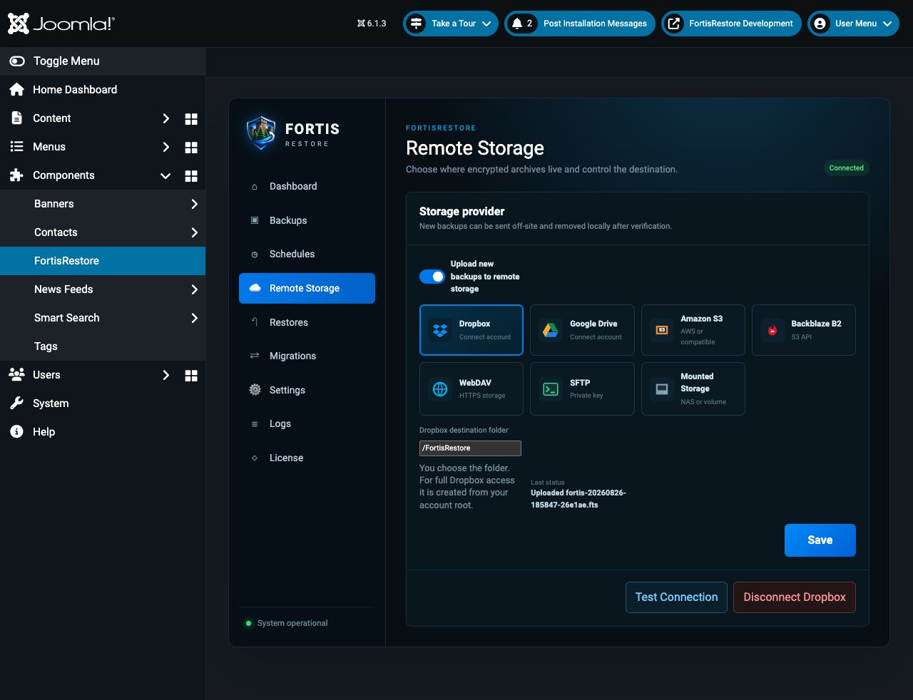 Full FortisRestore Joomla remote storage configuration