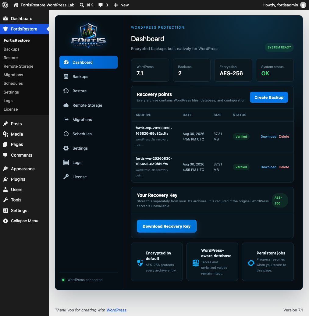Full FortisRestore WordPress dashboard with encrypted recovery points
